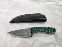 Custom Damascus Knife Set &ndash; Fixed & Folding, Green Mosaic Handles, Leather Sheaths Included - 2
