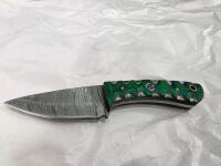 Custom Damascus Knife Set &ndash; Fixed & Folding, Green Mosaic Handles, Leather Sheaths Included - 3