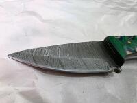 Custom Damascus Knife Set &ndash; Fixed & Folding, Green Mosaic Handles, Leather Sheaths Included - 4