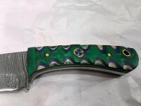 Custom Damascus Knife Set &ndash; Fixed & Folding, Green Mosaic Handles, Leather Sheaths Included - 5