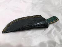 Custom Damascus Knife Set &ndash; Fixed & Folding, Green Mosaic Handles, Leather Sheaths Included - 7