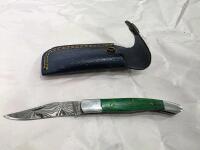 Custom Damascus Knife Set &ndash; Fixed & Folding, Green Mosaic Handles, Leather Sheaths Included - 10