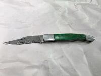 Custom Damascus Knife Set &ndash; Fixed & Folding, Green Mosaic Handles, Leather Sheaths Included - 11