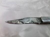 Custom Damascus Knife Set &ndash; Fixed & Folding, Green Mosaic Handles, Leather Sheaths Included - 12