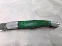 Custom Damascus Knife Set &ndash; Fixed & Folding, Green Mosaic Handles, Leather Sheaths Included - 13