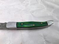 Custom Damascus Knife Set &ndash; Fixed & Folding, Green Mosaic Handles, Leather Sheaths Included - 14