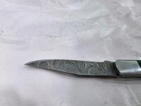 Custom Damascus Knife Set &ndash; Fixed & Folding, Green Mosaic Handles, Leather Sheaths Included - 15