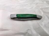 Custom Damascus Knife Set &ndash; Fixed & Folding, Green Mosaic Handles, Leather Sheaths Included - 16