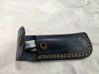 Custom Damascus Knife Set &ndash; Fixed & Folding, Green Mosaic Handles, Leather Sheaths Included - 17
