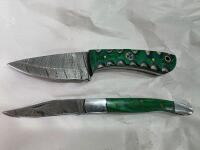 Custom Damascus Knife Set &ndash; Fixed & Folding, Green Mosaic Handles, Leather Sheaths Included - 19