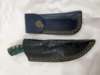 Custom Damascus Knife Set &ndash; Fixed & Folding, Green Mosaic Handles, Leather Sheaths Included - 20