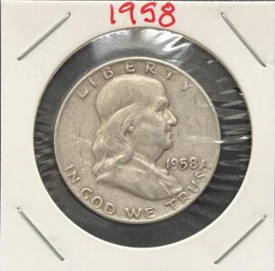 1958-D Franklin Half Dollar Coin, 90% Silver, Circulated Condition