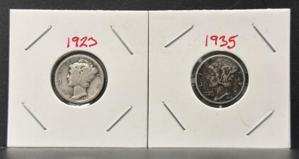 1923 & 1935 Mercury Dimes, 90% Silver, Philadelphia Mint, Circulated, Iconic Winged Liberty Design
