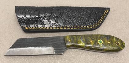 Custom Fixed-Blade Utility Knife, 3.25" Sheepsfoot Blade, Resin Handle, Leather Sheath, Mosaic Pin