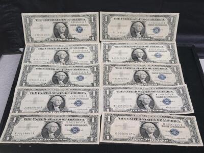 10 U.S. $1 Silver Certificate Bills Series 1957/1957A Blue Seal, George Washington, Circulated