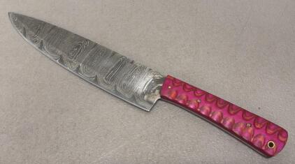 Damascus Steel Chef Knife, 8&rdquo; Blade, Pink/Red Sculpted Handle, Full Tang, Decorative Pattern