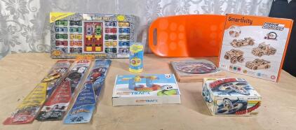 (1) 32-Piece Die Cast Car Drag Race Set, (3) Face Kites & More