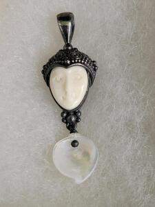 Sajen 925 Sterling Silver Pendant, Carved Face & Mother of Pearl Drop, Bali Artisan Jewelry