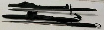 Set of 2 Ninja Swords &ndash; 20" Blade, Square Guard & Ring Pommel, Black Cord Wrap, Dual Sheath