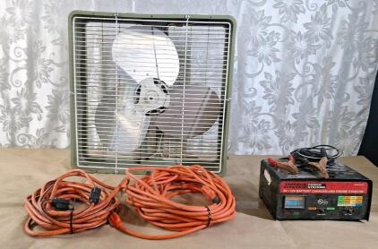 (1) 25' Extension Cord, (1) 50' Extension Cord, (1) 22" Box Fan & (1) Chicago Electric Battery Charger / Engine Starter