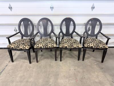 Set of 4 Oval-Back Wooden Dining Armchairs, Armrests, Geometric Upholstery, Dark Finish