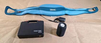 (1) TENS 7000 Digital TENS Muscle Stimulator Unit W/ Storage Case & Accessories, (1) Wahl Body Massager Wrap W/ Heat & Shiatsu Massage Nodes & (1) Bluetooth Speaker