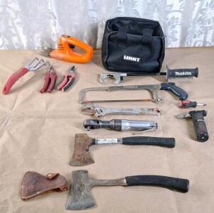 (2) Hatchets, (1) Micro Torch, (1) 3/8 Air Ratchet & Assorted Hand Tools