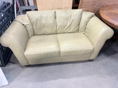 Light Beige Leather Loveseat Sofa - Piped Edges, Flared Arms, 65" Wide, 2-Seater