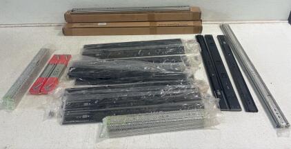(24 count)Ball bearing drawer slides, various lengths and sizes, ( shortest:21.75in longest:29.5 in)(4)drawer slide extenders.