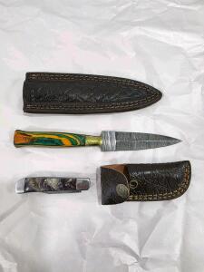 Custom Damascus Fixed & Folding Knives, Dyed Wood/Resin Handles, Oklahoma State Seal Sheaths