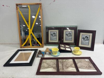 Frames: 3(8x10) wooden frames, (8x10) three-frame display,Mirror31.5inLx17.5), black frame (13.5x10.5),(2) wooden brackets. Tea cup set.