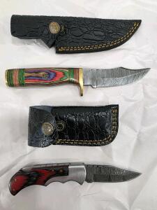 Damascus Fixed Blade Knife & Skinner Set &ndash; Multicolor Wood Handles, Custom Leather Sheaths