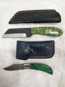 Custom Fixed-Blade and Folding Knife Set &ndash; Green Handles, Mosaic Pins, Leather Sheaths, Damascus Blade