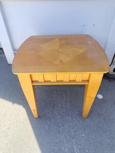 Light Wood Parquet-Top End Table with Slatted Apron, Approx. 22"x18"x20", No Drawers