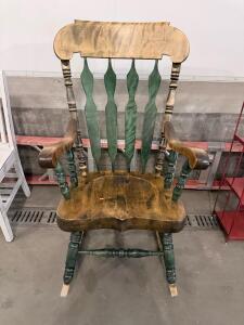 Windsor Style Wooden Rocking Chair, Two-Tone Green & Wood, Turned Spindles, 44"x25"x32"