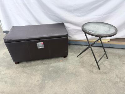 Round 18" Folding Outdoor Side Table, Tempered Glass Top, Steel Frame, Black/Brown & Brown Ottoman