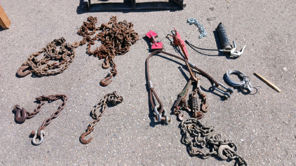 Heavy-Duty Steel Towing Chains, Binders, Shackles & Rigging Hardware Lot - Hooks, Cable, Tools