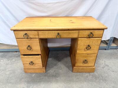 Solid Pine Wood Pedestal Writing Desk, 7 Drawers, Brass Ring Pulls, Classic Natural Finish