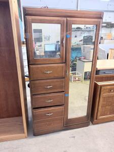 Brown Wood Wardrobe Armoire, Mirrored Doors, 4 Drawers, 40"W x 20"D x 72"H, Mid-Century Style