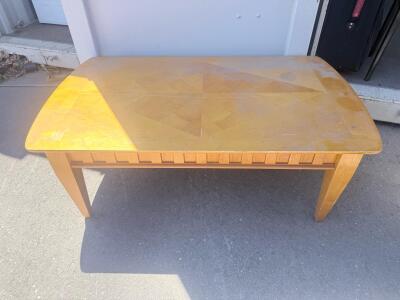 Rectangular Wooden Coffee Table with Parquet Inlay Top, 48"x24", Light Brown, Modern Skirt Detail