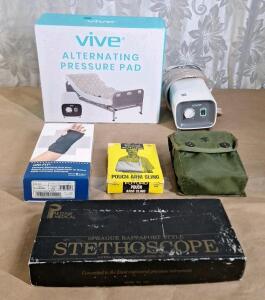 (1) Vive Alternating Air Pressure Mattress Pad - The Original Bed Sore Prevention Solution - Hospital Topper for Bedridden Patients - Includes Waterproof, Breathable Ulcer Cushion & Whisper Quiet Pump, (1) Vintage Stethoscope, (1) Uni-Fit Wrist Brace, (1)