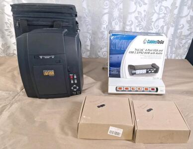 (1) Proxima LightBook LB30+ Projector W/ Accessories & Case, (1) CablesToGo TruLink 4-Port VGA KVM USB 2.0 Switch W/ Audio, Cables & Power Supply, (1) Multi-Tap PC Power Center & (2) Monitor Mounting Brackets