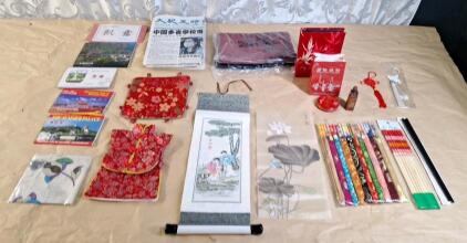 Chinese Collectibles Lot W/ (2) 12" x 6" Scroll Paintings, Chopsticks & More