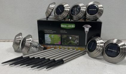 Beau Jardin 8-Pack Solar Pathway Lights, Colorful LED, Stainless Steel & Glass, 16.54" Height