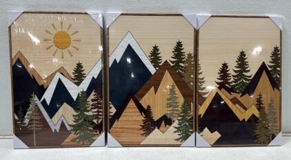 3-Piece Wooden Wall Art Set &ndash; Mountain Landscape, Trees & Sun &ndash; 24"x16" Panels Modern Decor