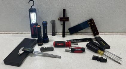 Assorted Hand Tool Lot &ndash; Kobalt 350 Flashlight, Digital Caliper, Milwaukee & Husky Drivers, Squares
