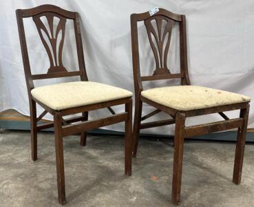 Vintage Wooden Folding Chairs with Padded Seats and Decorative Backs, Pair, Dark Finish