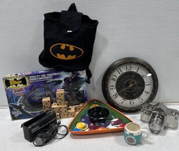 Batman Gotham City Chase Slot Car Batman Set, 2 Cars, Light-Up, Nite-Glow, Boxed, Big Lots DC Comics ( tested and working) also there is a man cave serving plate that any Billiards player would love.