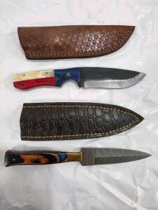 Custom Damascus Steel Knife Set, Drop Point & Dagger, Patriotic Handles, Tooled Leather Sheaths