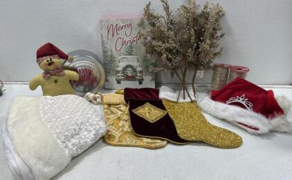 Mixed Lot of Christmas Holiday Decorations &ndash; Stockings, Tin, Ribbons, Plush Snowman